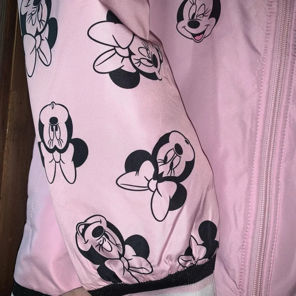 Disney Minnie Mouse Youth 14-16 Pink Satin Bomber Jacket Zip‎ Up Quilted Inside